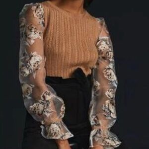 Maeve Anthropologie Cable Knit Sweater w/ Sheer Floral Puff Sleeves Medium